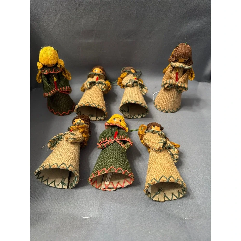 Vintage Burlap Angel Christmas Ornaments Set 7 Yarn Hair Wood Bead Folk Art MCM